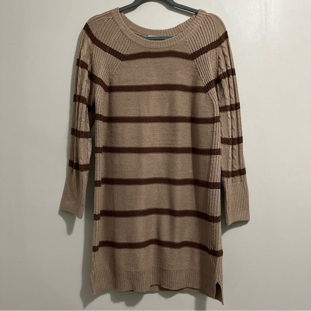 LuLaRoe Tan Mocha Brown Striped Cableknit Sweater Dress Size S Lagenlook Fall
